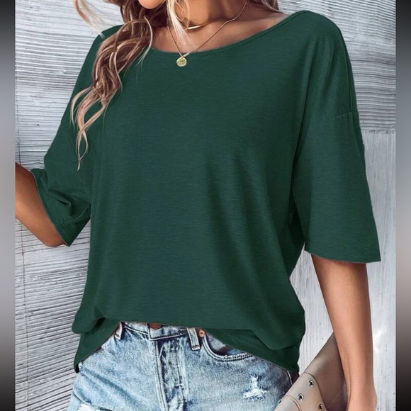 Classic Loose Fit Cut Out Back Batwing Sleeve Tee T Shirt Top Blouse Green - Picture 5 of 6